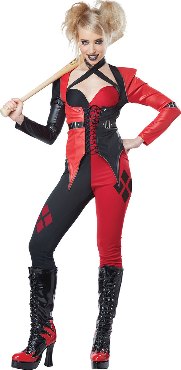 Psycho Jester Chick Costume Womens Harley Quinn Style Black & Red